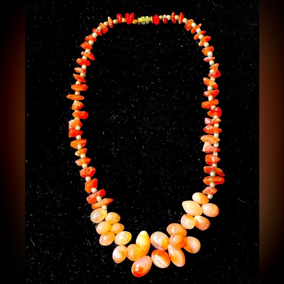 VTG Stunning Natural  Carnelian Agate & Amber Beaded Necklace Boho Beads 15.5” - Picture 1 of 5